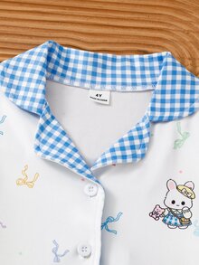 Conjunto de pijama para niñas con estampado de cuadros y gráfico de dibujos animados - Celeste - Ver 3
