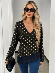 Elyressa Women's Woven Casual V-Neck Fall Blouse - Black - View 4