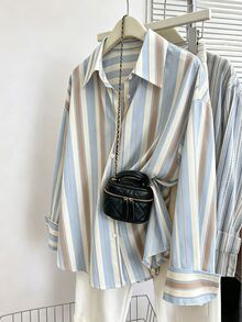 Women's Striped Pattern Long Sleeve Button Front Drop Shoulder Blouse - Multicolor - View 1