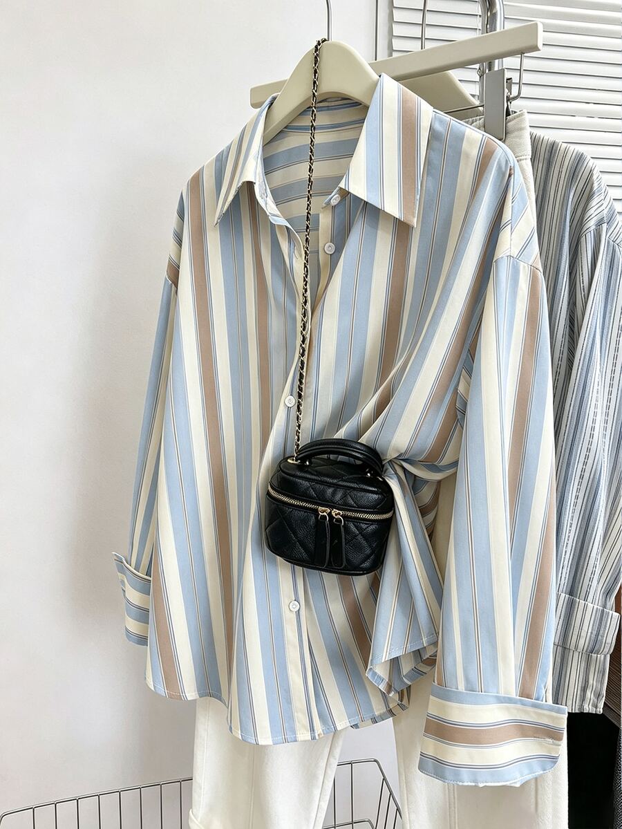 Women's Striped Pattern Long Sleeve Button Front Drop Shoulder Blouse - Multicolor - View 1