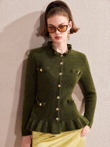 Barévion Women's Jacket Slim Waisted Peplum Tweed Texture Metal Buttons Ruffle Neck Elegant Olive Green Solid Fall Clothes For Women Christmas - Green - View 2