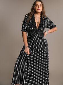 Freevana Plus Size Women's Fashion Polka Dot Lace Patchwork Romantic Dress - Black - View 5