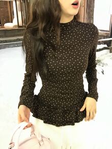 DAZY Women's Casual All-Over Floral Print Long Sleeve Korean Style T-Shirt - Coffee Brown - View 1