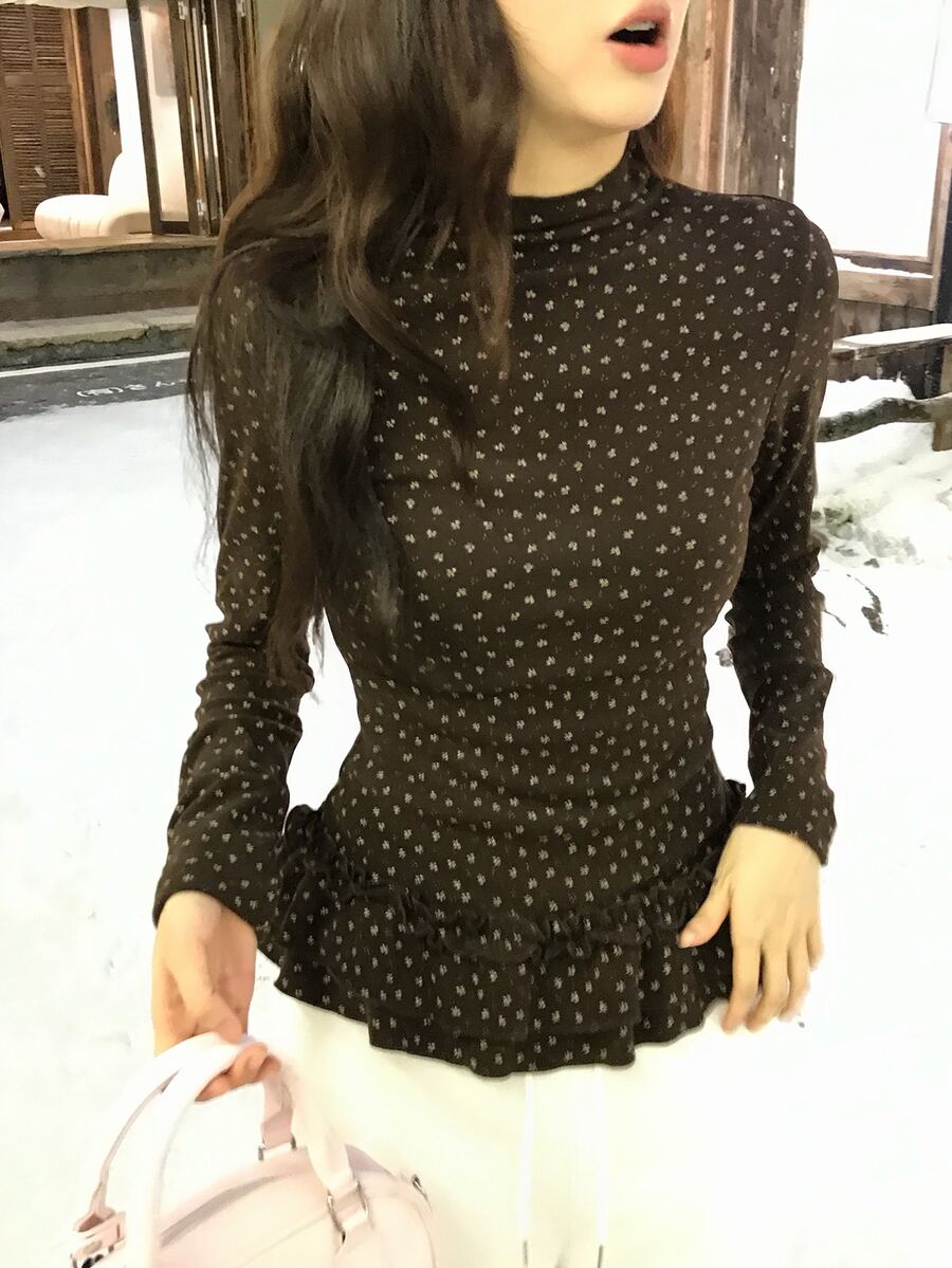 DAZY Women's Casual All-Over Floral Print Long Sleeve Korean Style T-Shirt - Coffee Brown - View 1
