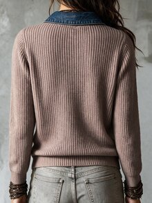 Louniche Autumn/Winter Korean Style Soft Knit Sweater, Denim Collar Patchwork Design Vintage Preppy Style Ribbed Knit Cardigan, Half-Open Front 2 In 1 Design Casual Commute Women's Sweater - Khaki - View 2