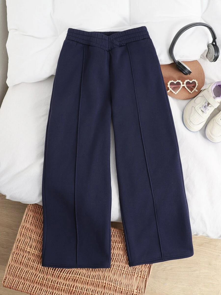 Tween Girl Autumn/Winter Fashion Casual Solid Royal Blue Straight Leg Pants, Long Trousers, Twisted Waist Design Elastic Waistband, Suitable For Spring/Autumn Outdoor Wear - Royal Blue - View 1
