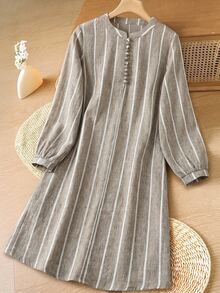 Rusticease Women's Long Sleeve Striped Short Dress - Khaki - View 6