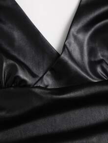 Sweetra Women's Black PU Leather Spaghetti Strap V-Neck Ruched Fitted Camisole Tank Top - Black - View 5