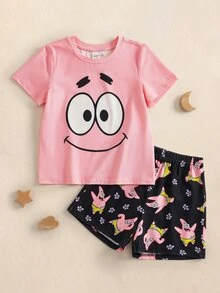 SpongeBob SquarePants | SHEIN Young Boys Crew Neck Cartoon Character Print T-Shirt And Shorts Loungewear Set - Multicolor - View 1