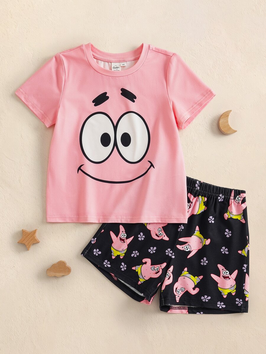 SpongeBob SquarePants | SHEIN Young Boys Crew Neck Cartoon Character Print T-Shirt And Shorts Loungewear Set - Multicolor - View 1