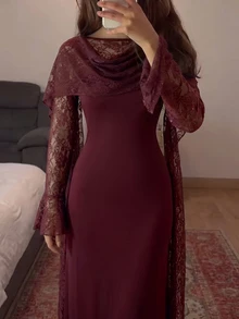 Modelyn 女款優雅復古拼接精緻蕾絲修身長袖洋裝，帶有懷舊氛圍 - 酒紅色 - 查看 7
