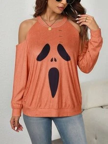 SHEIN LUNE CURVE Sweatshirt Wanita Ukuran Besar Warna Oranye Kasual untuk Harian dan Liburan dengan Desain Lusuh dan Motif Bahu Terbuka serta Cetakan Hitam - Jeruk - View 4