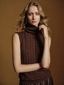 Anewsta Essential Rompi Rajut Kabel Leher Tinggi Tanpa Lengan dengan Hiasan Rantai Gaya Retro Slim Fit Tank Top Rajut - Coffee Brown - View 6