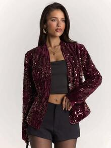 SHEIN BAE Blazer Pesta Elegan Wanita Lengan Panjang Berpayet dengan Desain Tumpang Tindih dan Pinggang yang Diikat - Burgundy - View 3