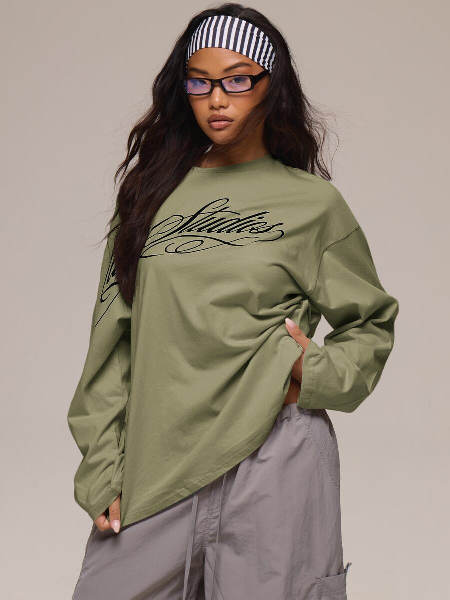 MUSERA 白色圖形 Logo 細節長袖上衣 冬季休閒日常舒適穿搭 女款酷白色上衣 - 橄欖綠 - 查看 1