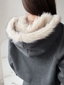 FRIFUL Women's Plush Patchwork Zip-Up Hoodie & Long Casual Daily Two Pieces Set - Grey - View 2