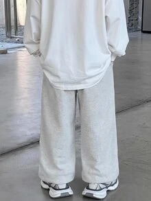 SHEIN 小男孩字母圖案彈性腰寬腿長褲 - 灰色 - 查看 2