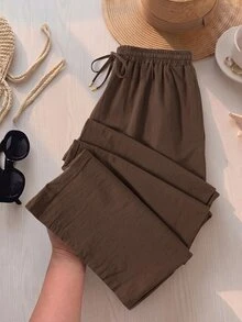 Rusticease Celana Panjang Kasual Harian Wanita Plus Size Warna Polos dengan Pinggang Tali Serut - Coklat - View 3