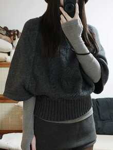 DAZY Dark Gray Cable Knit Crew Neck 2 In 1 Patchwork Loose Batwing Sleeve Long Sleeve Casual Knit Sweater - Grey - View 2