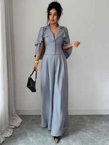 Elenzga Daily Commute Holiday Workplace Office Party Elegant Business Style Ruffle Cape Sleeve Lapel Cinched Waist Blazer Wide Leg Pants Set Solid Color Premium Gray Elegant Romantic - Grey - View 6