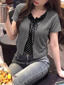 Bijouette Zanying Summer Plus Size Black And White Casual Elegant Sexy 2 In 1 Top Contrast Color Frill Trim Patchwork Polka Dot Inner Design Birthday - Grey - View 13