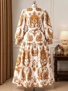 Rometta Plus Size Printed Vacation Cinched Waist Full Skirt Dress - Multicolor - View 2