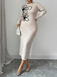 Modelyn Plus Size Round Neck Long Sleeve Floral Pattern Knit Dress - Khaki - View 4