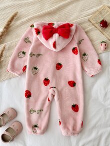 SHEIN Bộ romper trẻ em gái dệt kim màu trơn họa tiết dâu tây có mũ lông giả phong cách thường ngày - Nhiều màu - Xem 2