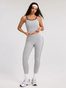 Dewbera Dewbera Women's Minimalist Tank Top And Striped Colorblock Long Pants Sports Set - Grey - View 3