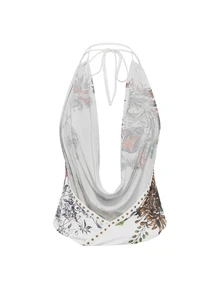 ROMWE Grunge Punk Vintage Y2K Hot Girl Rivet Retro Tiger Head Floral Geisha Print Rhinestone Sexy Deep V Cowl Neck Women Tank Top - White - View 2