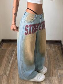 StreetHx Letter Graphic Washed Wide Leg Jeans - Blue - View 6
