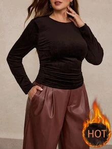 Freevana 女款大尺碼百搭保暖內層打底T恤，純黑色，腰部側面抓皺設計，彈性修身剪裁，舒適柔軟日常穿著，秋冬女裝 - 咖啡棕 - 查看 4
