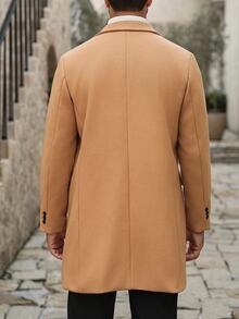 Manfinity Mode Men's Solid Color, Button-Down, Long-Sleeved Black Overcoat, Autumn/Winter Style. - Khaki - View 2