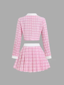 Sweetra American Style Commuter Girl Two Pieces Set, Stand Collar 2 In 1 Design Outerwear With Unique Pleated Slimming Textured Fabric Skirt, Early Autumn Bright Color Fashion Women's Two Pieces Set - Pink - View 3