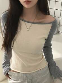 DAZY 女款不對稱肩拼接配色長袖韓系清新女孩毛衣 - 杏色 - 查看 3