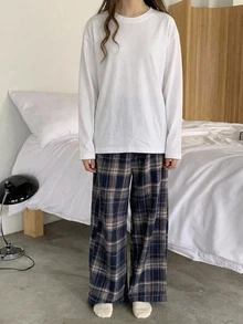 Dazy Kids 女童長袖T恤風格格紋休閒長褲 寬鬆直筒百搭居家褲 - 藏蓝色 - 查看 3