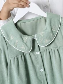 SHEIN Vintaside Kids 女童春秋鼠尾草綠溫柔風鄉村復古簡約羅紋刺繡長袖洋裝，修身優雅，適合海灘派對 - 薄荷綠 - 查看 4
