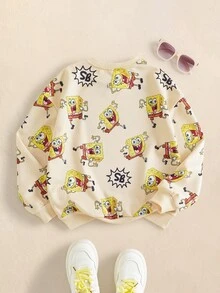 SpongeBob SquarePants | SHEIN بلوزة رياضية كاجوال يومية بطبعة كرتونية بأكمام طويلة للفتيات المراهقات - أصفر - مشاهدة 2