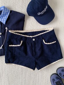 Comfortcana 冬季返校 Coquette 風格校園短褲 高腰蕾絲飾邊燈芯絨拼接海軍藍 - 藏蓝色 - 查看 7