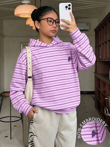 聖誕返校季秋冬休閒時尚女童連帽衛衣，甜美學院風條紋印花連帽衛衣，印花設計外套上衣，百搭個性化秋季青少年女孩衛衣，適合8-12歲女孩，紫色 - 彩色 - 查看 5