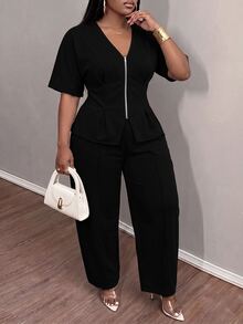 Slaydiva Plus Size 2 Pieces Outfits, Grey Zip Waist Crop Top & Harem Pants Matching Set - Black - View 8