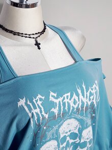 SHEIN ICON 女款大尺碼字母與骷髏圖案印花休閒日常穿搭T恤 - 藍色 - 查看 9