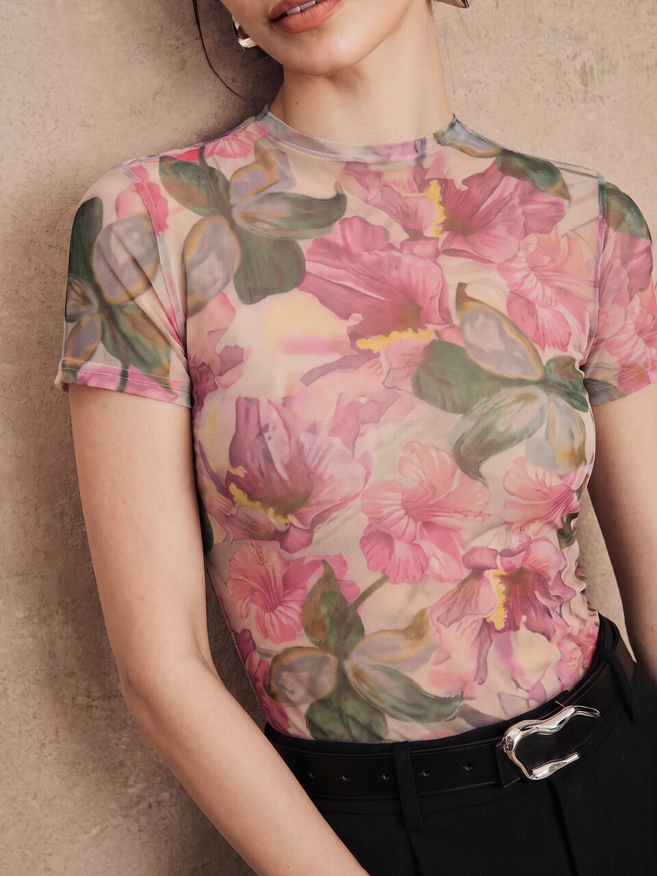 Anewsta Spring Summer New Elegant Fashion Casual Outdoor Professional Holiday Date Vacation Print Elastic Mesh Women Blouse