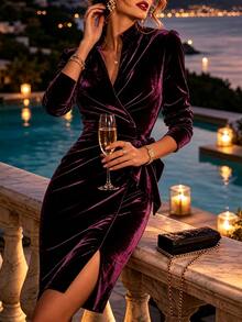 Balvessa Women's Solid Color Notch V-Neck Waist Tie Elegant Long Sleeve Short Dress - Purple - View 5