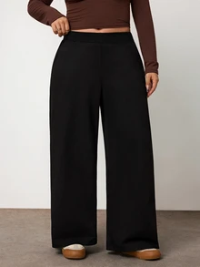 Enliva Plus Size Women's Cotton Blend Sweatpants High Waist Wide Leg Lounge Pants With Side Pockets,Apple,Rounded Body - Black - View 5