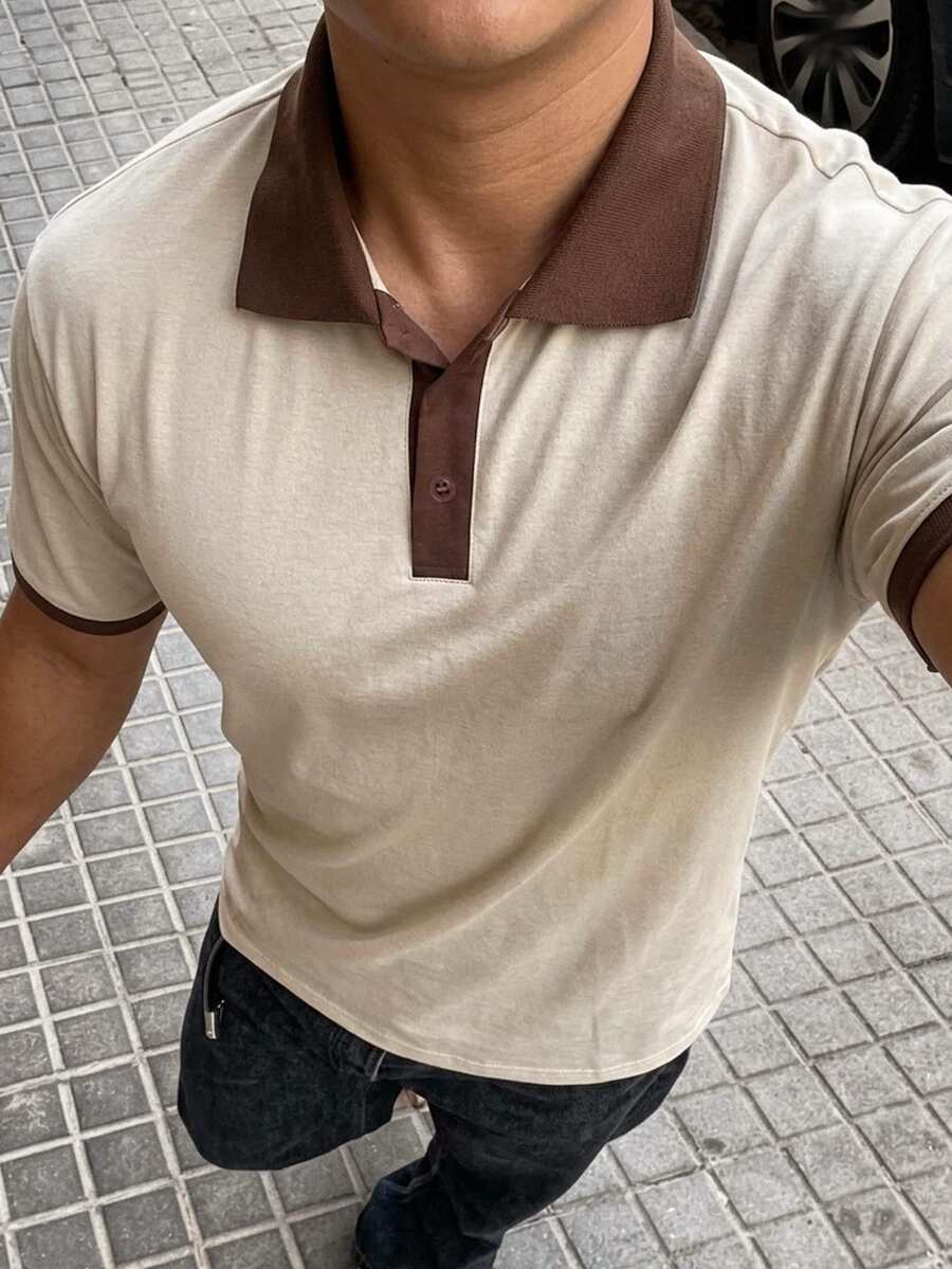 DAZY Summer Short Sleeve Beige Body Color Block Polo Collar Men's T-Shirt - Beige - View 1