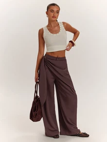 SHEIN BAE Fall Clothes For Women's Loose Solid Color Knot Asymmetric Design Casual Long Pants - Coffee Brown - View 6