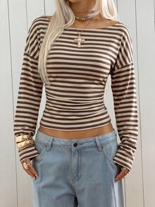SHEIN EZwear 棕色條紋針織露肩修身T恤 - 棕色 - 查看 3