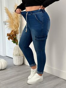 SHEIN CURVE+ Women's Plus Size Blue Washed Stretch Drawstring Waist Denim Jeans, Casual Outwear With Multiple Pockets, Suitable For 5XL-8XL, Autumn/Winter - Blue - View 6