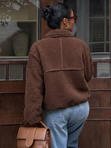DAZY Brown Semi-High Neck Solid Color Loose Drop Shoulder Long Sleeve Casual Versatile Street Style Pullover Sweatshirt - Brown - View 2